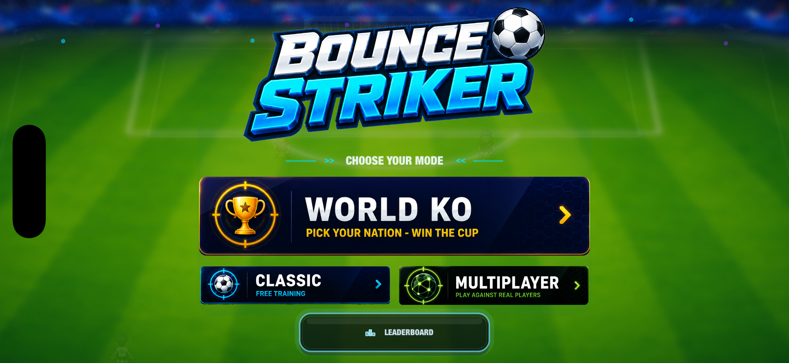 Bounce Striker main menu with Classic, World KO and Multiplayer modes